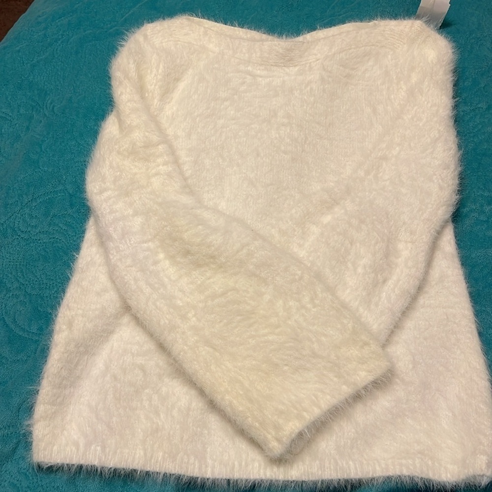 Lauren Conrad Womens Fuzzy White Pullover Sweater Bell Sleeves Size XS‎ women’s